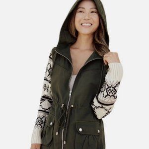 FATE olive green knitted sleeve anorak hoodie jacket womens M